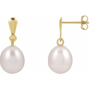 14K Yellow Cultured White Freshwater Pearl Earrings