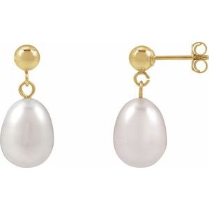 14K Yellow Cultured White Freshwater Pearl Earrings