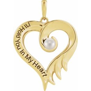 14K Yellow Cultured White Freshwater Pearl & Engraved I'll Hold You In My Heart Pendant