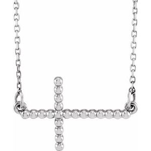 14K White 19.5x12.1 mm Sideways Beaded Cross 16.5" Necklace
