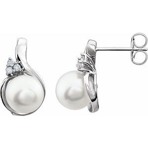 14K White Cultured White Freshwater Pearl & .08 CTW Natural Diamond Earrings
