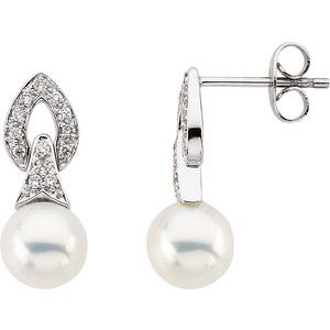 14K White Cultured White Freshwater Pearl & 1/6 CTW Natural Diamond Earrings
