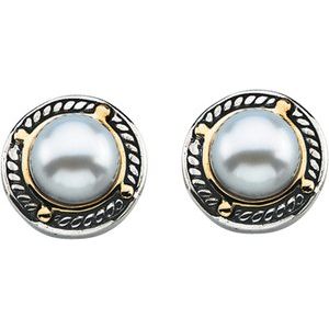 Sterling Silver & 14K Yellow Cultured White Freshwater Pearl Earrings