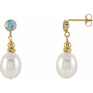 14K Yellow Cultured White Freshwater Pearl & Natural Swiss Blue Topaz Earrings