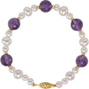 14K Yellow Natural Amethyst & Cultured White Freshwater Pearl 7 1/2" Bracelet