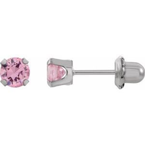 Rhodium-Plated 14K Yellow 5 mm Round Imitation Pink Cubic Zirconia Piercing Stud Earrings