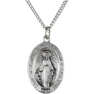 Sterling Silver 28.5x17.75 mm Oval Miraculous Medal 24 Necklace