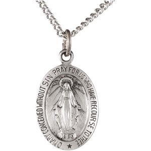 Sterling Silver 15x11 mm Oval Miraculous Medal 18 Necklace