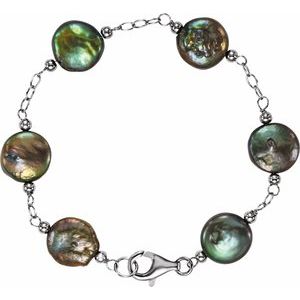 Sterling Silver 12-13 mm Cultured Black Freshwater Pearl Coin 7 1/2" Bracelet
