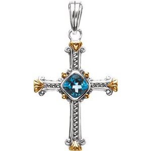 Sterling Silver & 14K Yellow Natural Swiss Blue Topaz Cross Pendant