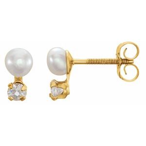 14K Yellow Cultured White Freshwater Pearl & Imitation White Cubic Zirconia Earrings