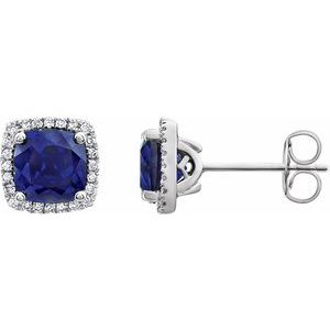 14K White Lab-Grown Blue Sapphire & 1/8 CTW Natural Diamond Earrings