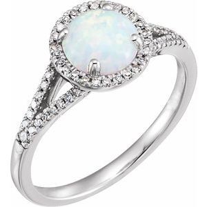 14K White Created Opal & 1/6 CTW Natural Diamond Ring
