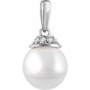 14K White Cultured White Freshwater Pearl & .08 CTW Natural Diamond Pendant