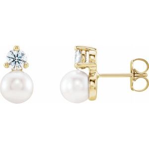 14K Yellow Cultured White Freshwater Pearl & 1/8 CTW Natural Diamond Earrings