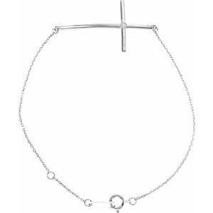 14K White .025 CT Natural Diamond Sideways Cross 7-8" Bracelet