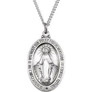 Sterling Silver 23x16 mm Oval Miraculous Medal 18 Necklace