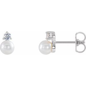 14K White Cultured White Freshwater Pearl & 1/8 CTW Natural Diamond Earrings