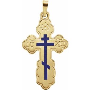 14K Yellow 26x17 mm Blue Enamel Orthodox Cross Pendant