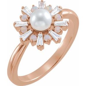 14K Rose  Cultured White Akoya Pearl, Natural White Opal & 1/4 CTW Natural Diamond
