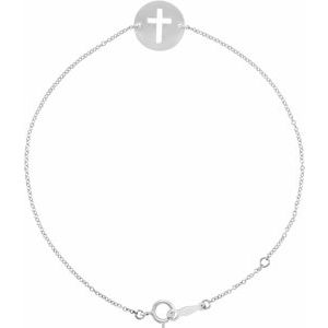 14K White Pierced Cross Disc 7-8" Bracelet