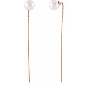 14K Rose Cultured White Freshwater Pearl Threader Earrings