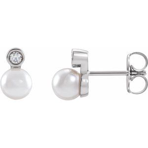 14K White Cultured White Akoya Pearl & .06 CTW Natural Diamond Earrings