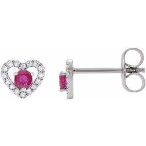 14K White Natural Ruby & 1/10 CTW Natural Diamond Heart Earrings