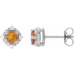 Sterling Silver Natural Citrine & .08 CTW Natural Diamond Halo-Style Earrings