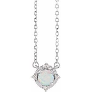 Sterling Silver Lab-Grown White Opal & .04 CTW Natural Diamond Halo-Style 18" Necklace