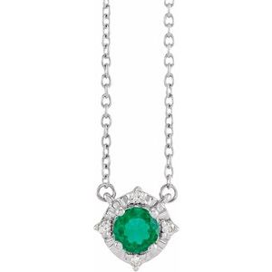 Sterling Silver Lab-Grown Emerald & .04 CTW Natural Diamond Halo-Style 18" Necklace