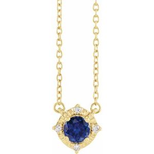 14K Yellow Lab-Grown Blue Sapphire & .04 CTW Natural Diamond Halo-Style 18" Necklace