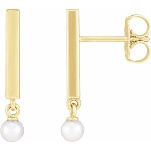 14K Yellow Cultured White Seed Pearl Bar Earrings