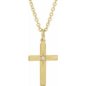 14K Yellow .0075 CT Natural Diamond Youth Cross 15" Necklace