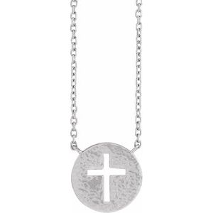 Sterling Silver Pierced Cross Hammered Disc 18" Necklace