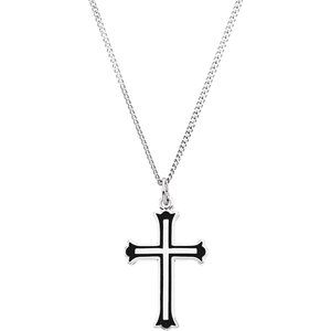 Sterling Silver 25x15.75 mm Black Enamel Cross 18" Necklace