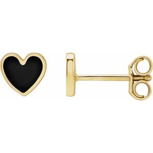 14K Yellow Black Enamel Heart Earrings