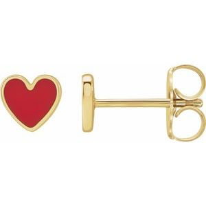 14K Yellow Red Enamel Heart Earrings