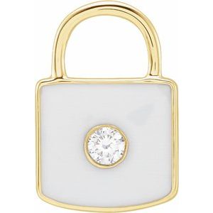 14K Yellow .035 CT Natural  Diamond & White Enamel Lock Charm/Pendant
