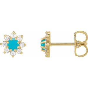14K Yellow Natural Turquoise & 1/8 CTW Natural Diamond Flower Earrings