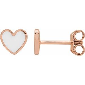 14K Rose White Enamel Heart Earrings