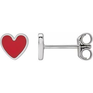 14K White Red Enamel Heart Earrings